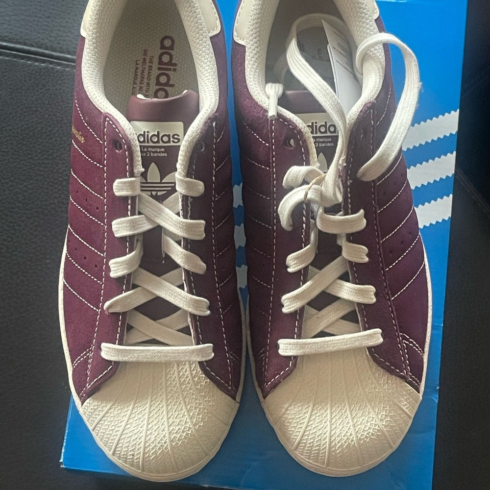 Brand New Women’s Adidas Superstars Maroon and Off-White Sneakers 7.5
